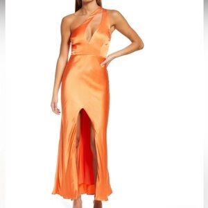 Bardot Ambroise One Shoulder Orange Shimmer Slit Maxi Dress